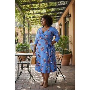 Leota A Line Faux Wrap Floral Midi Dress 1X Cottage Business Casual Party Fairy
